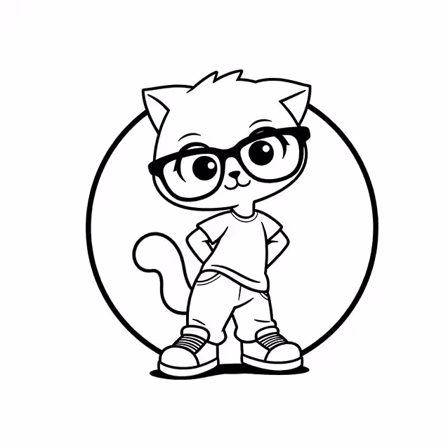 Cartoon cat wearing oversized glasses, T-shirt, pants, and sneakers coloring page