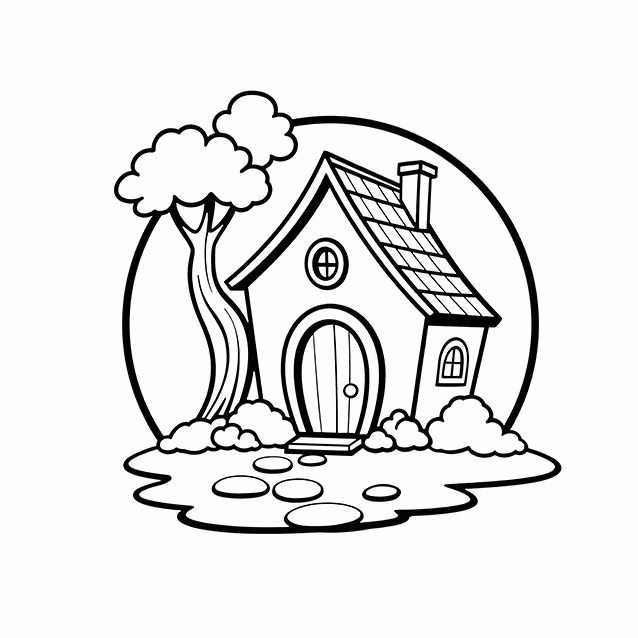 Cottage with tiled roof, round door, tree, shrubs, and stepping stones coloring page