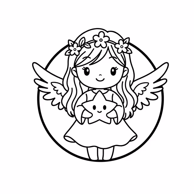 Angel girl with feathered wings, flower crown, and smiling star coloring page