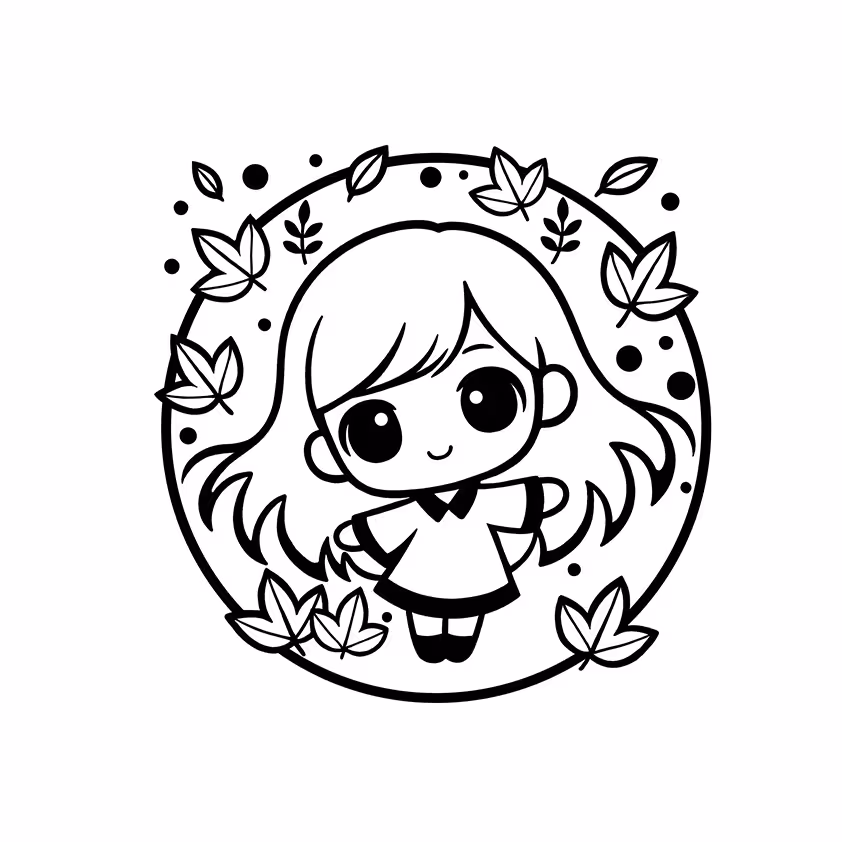 Chibi-style girl surrounded by falling autumn leaves coloring page
