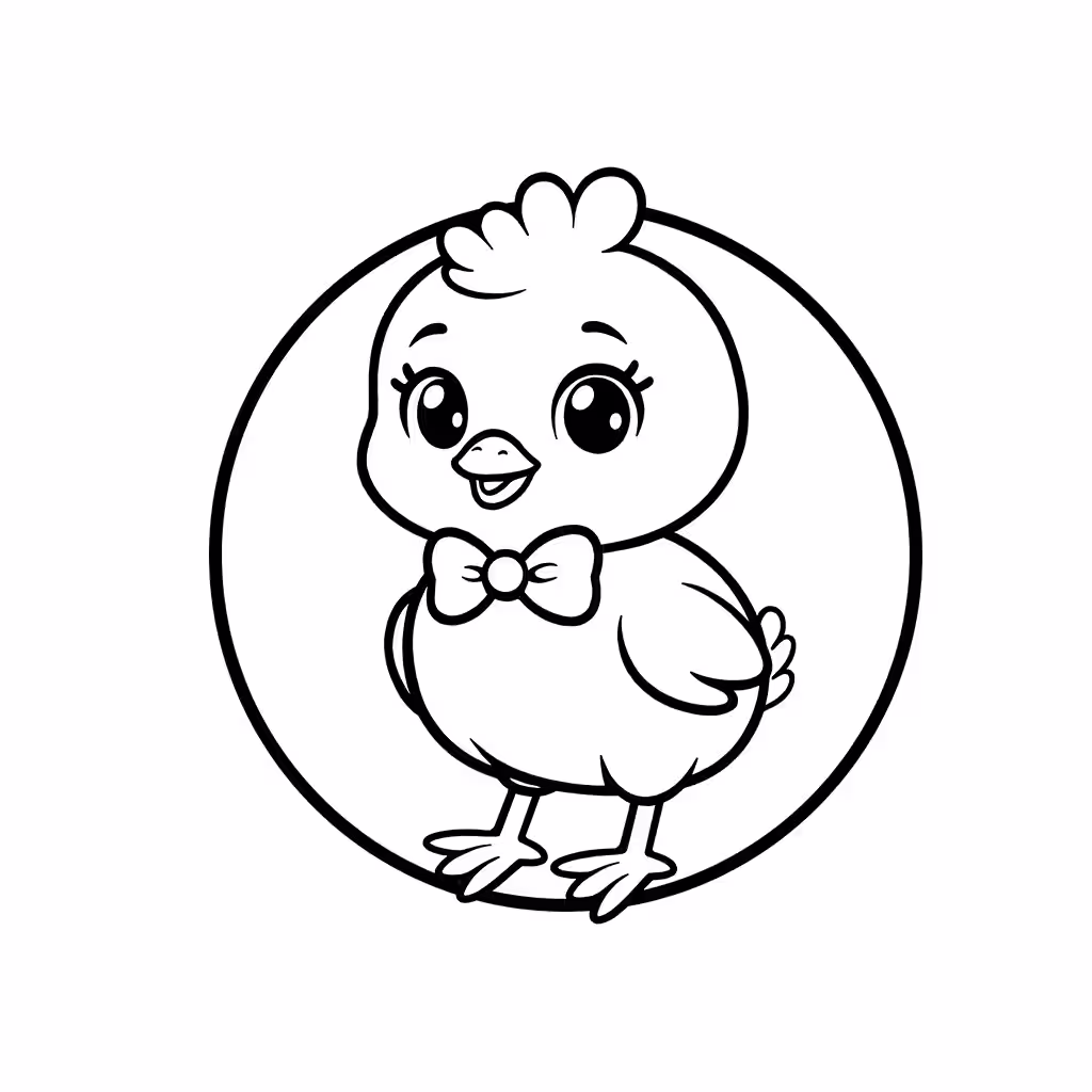 Fluffy baby chick wearing a large bow tie inside circular frame coloring page