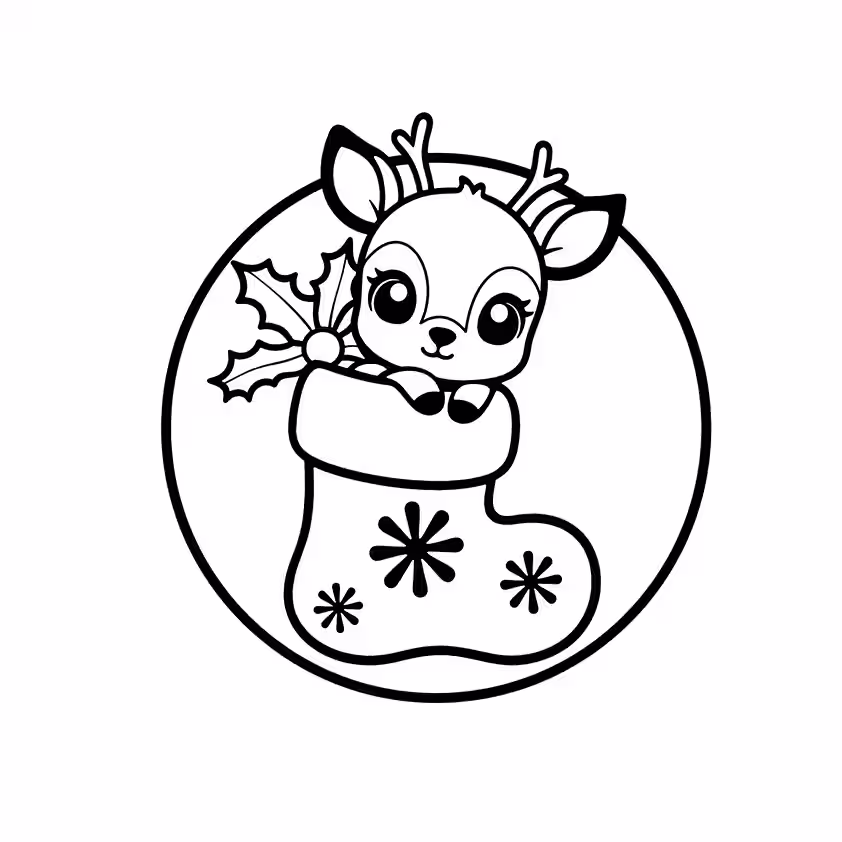 Baby deer with tiny antlers sitting inside a Christmas stocking coloring page
