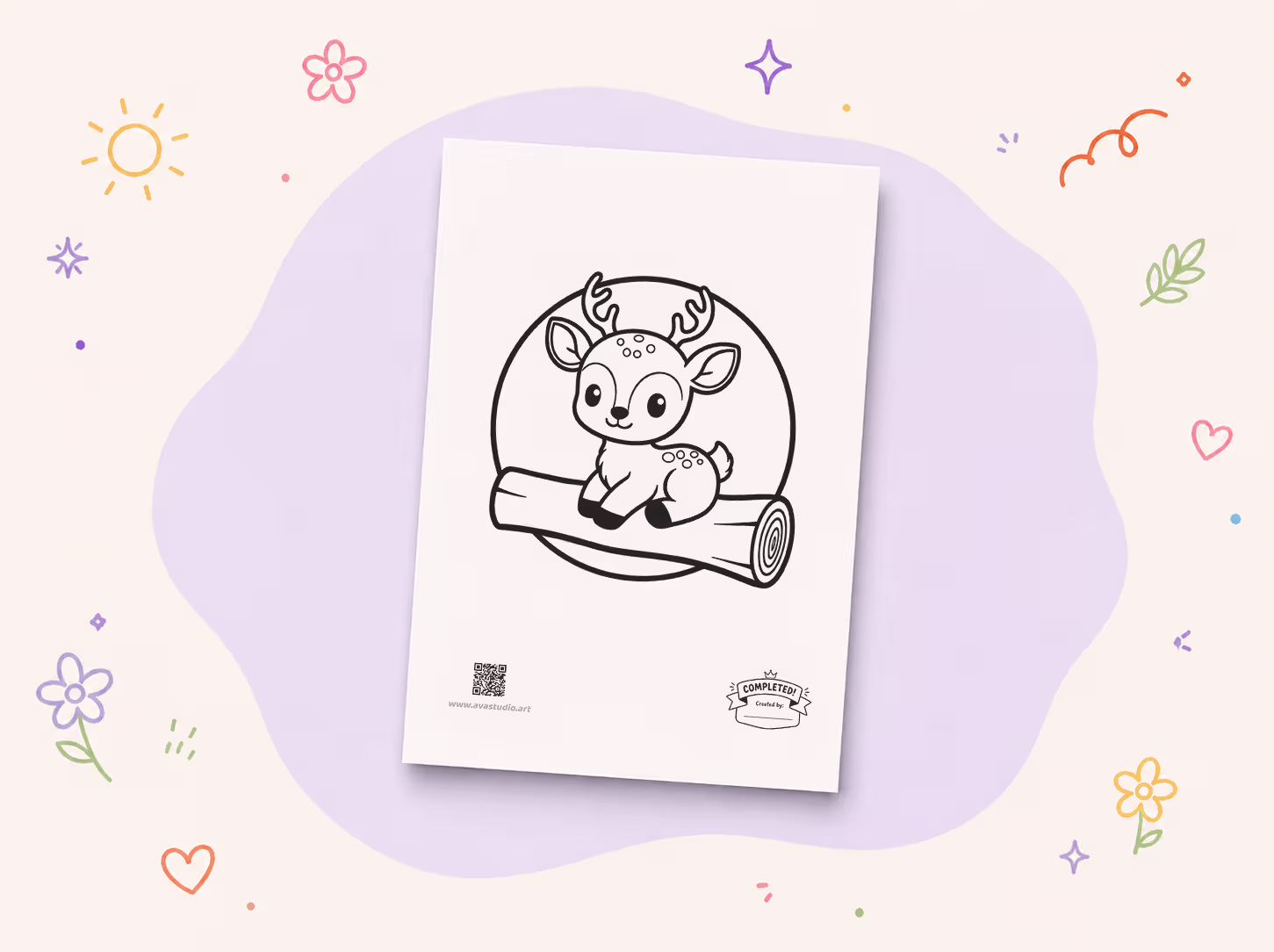 Printed baby deer sitting on a log coloring page on a decorative background