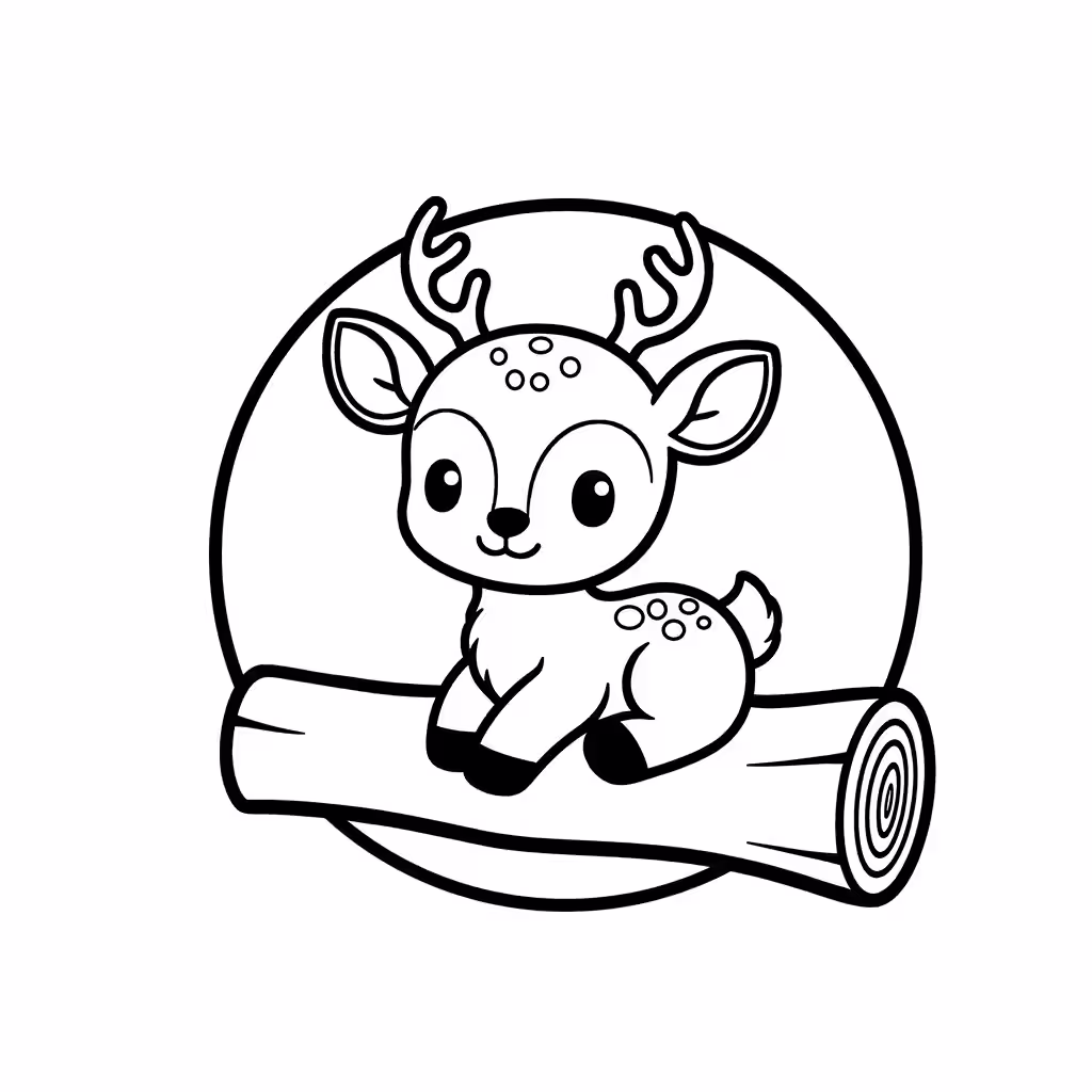 Baby deer with small antlers sitting on a wooden log coloring page