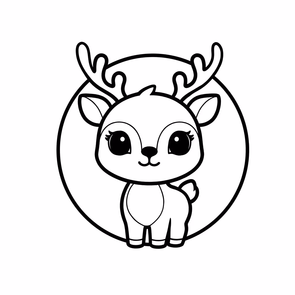 Baby deer with small antlers standing inside a circular frame coloring page