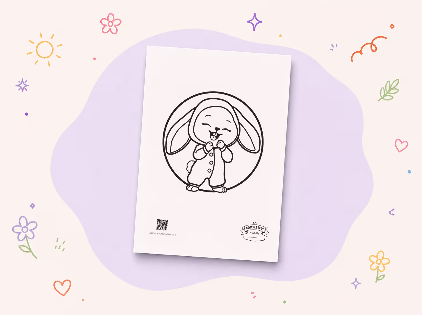 Printed baby in bunny costume coloring page on a decorative background