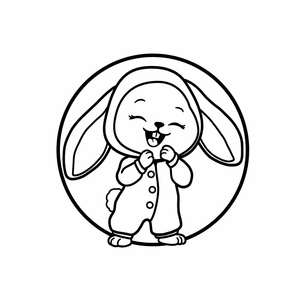 Cheerful baby wearing a full bunny costume with long rabbit ears coloring page