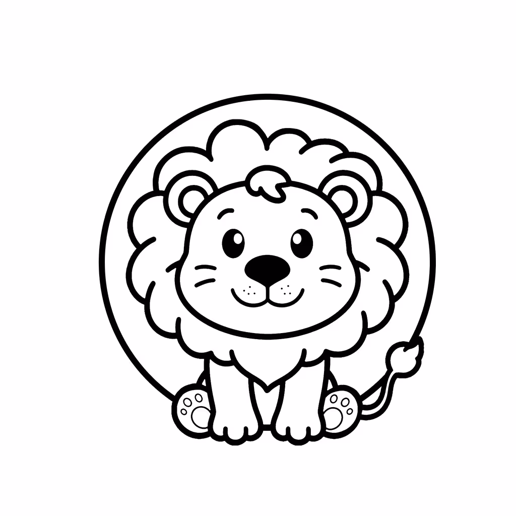 Smiling baby lion cub with fluffy mane inside a circular frame coloring page