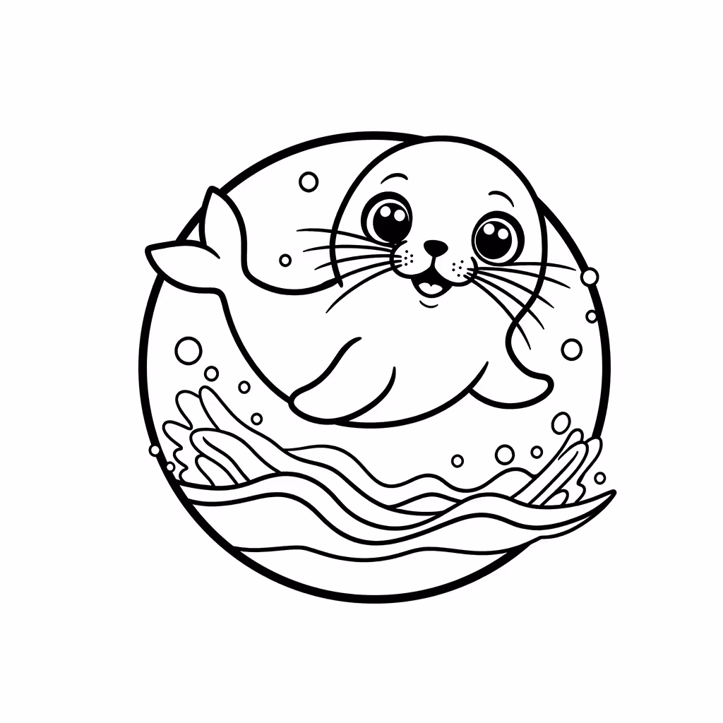 Cute baby seal emerging from ocean waves with small worm coloring page