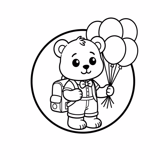 Bear wearing bow tie and backpack while holding a bunch of balloons coloring page