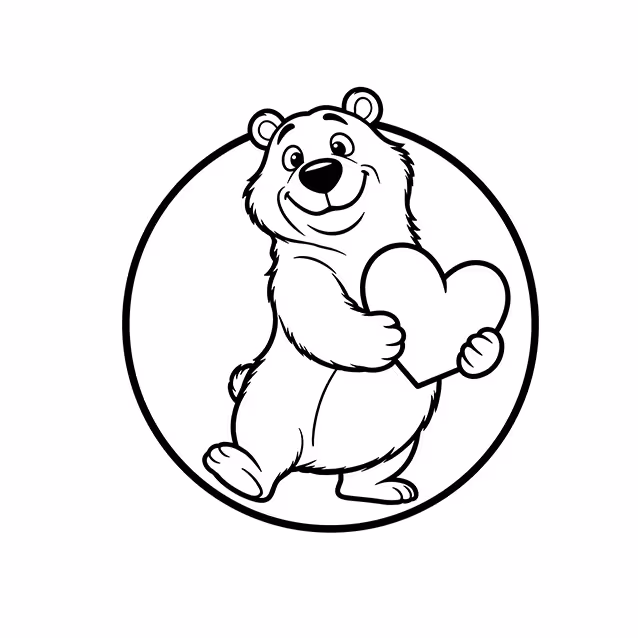 Smiling bear standing and holding a large heart coloring page