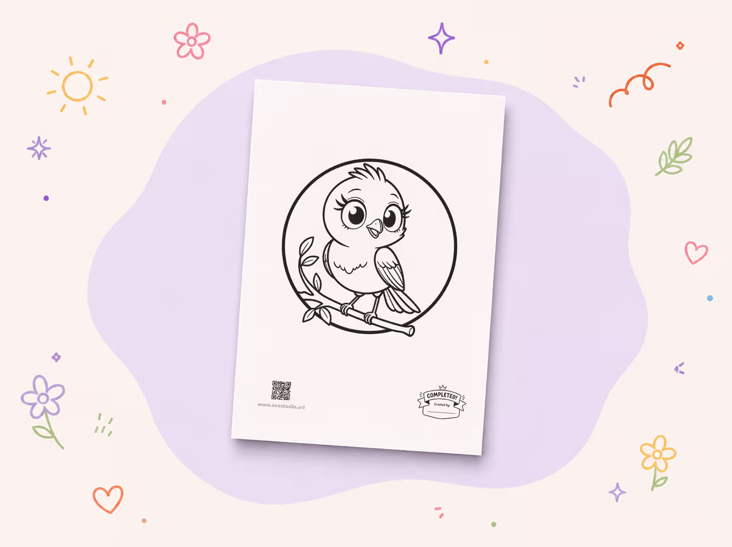 Printed bird on tree branch coloring page on a decorative background