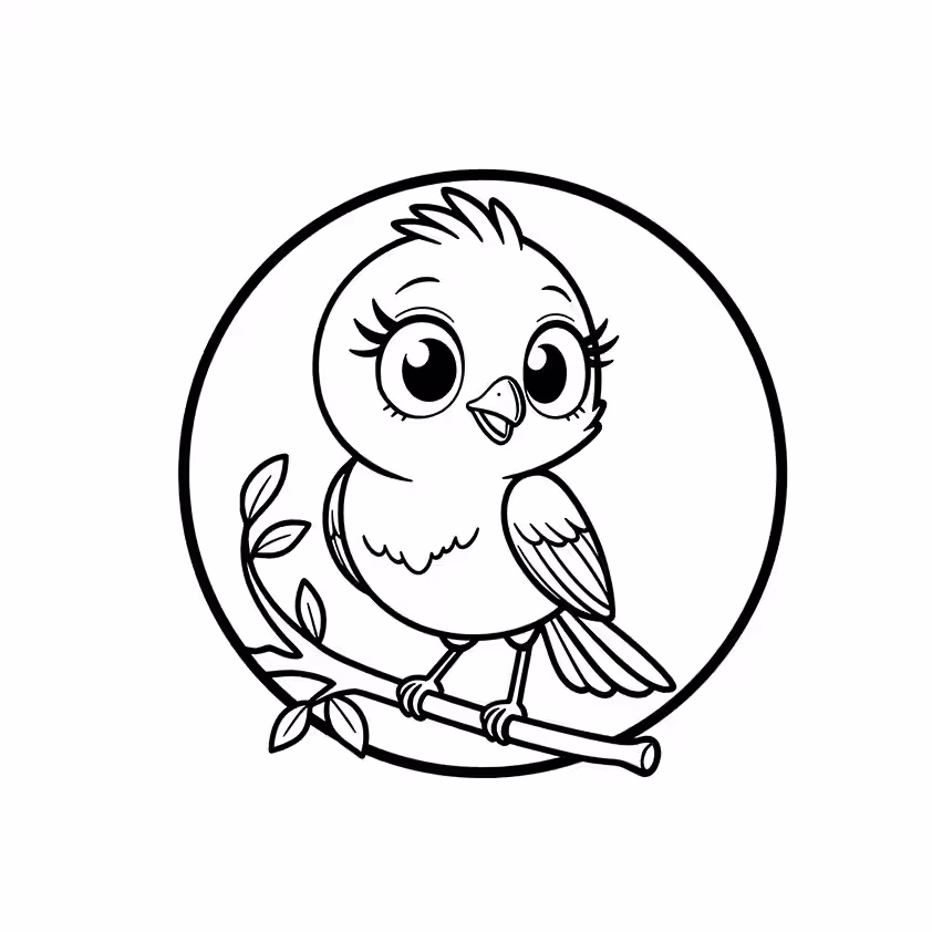 Wide-eyed bird perched on a leafy tree branch coloring page