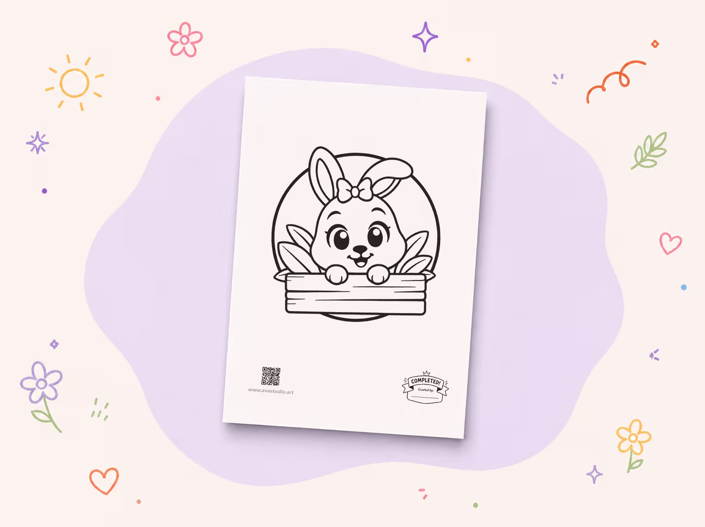 Printed bunny holding blank sign coloring page on a decorative background