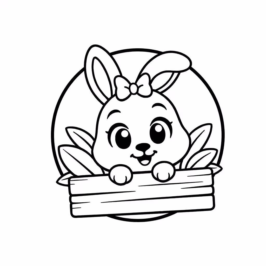 Bunny with bow tie holding a blank wooden sign among leaves coloring page