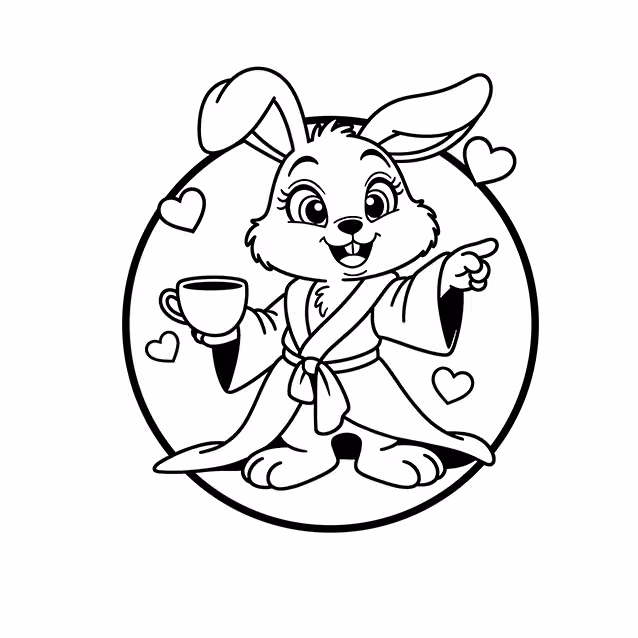 Bunny wearing a tied robe and holding a teacup among hearts coloring page