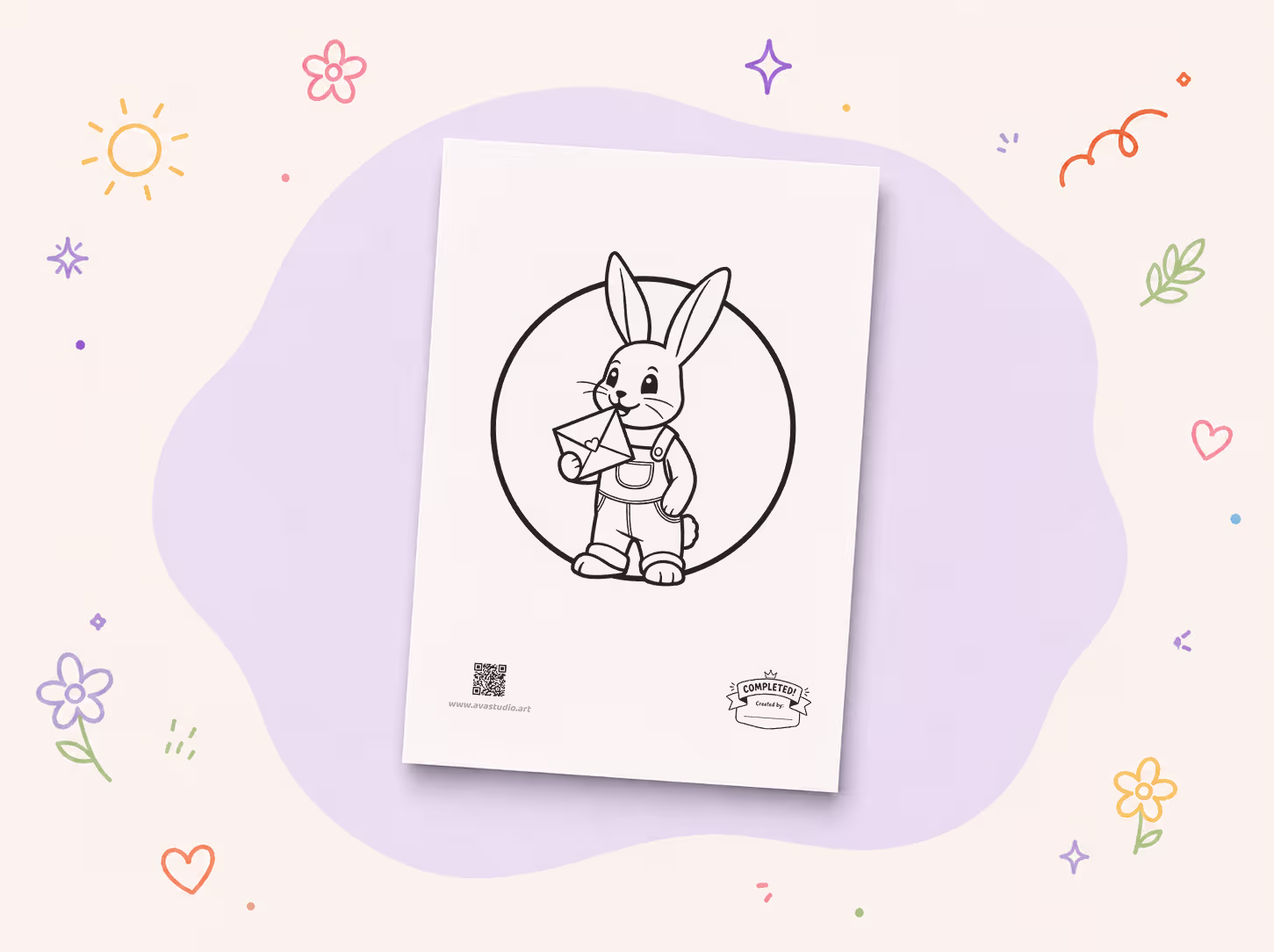 Printed bunny with heart envelope coloring page on decorative background