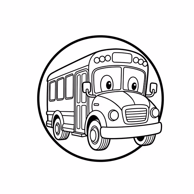 Cartoon school bus with large windows, side door, lights, and wheels coloring page