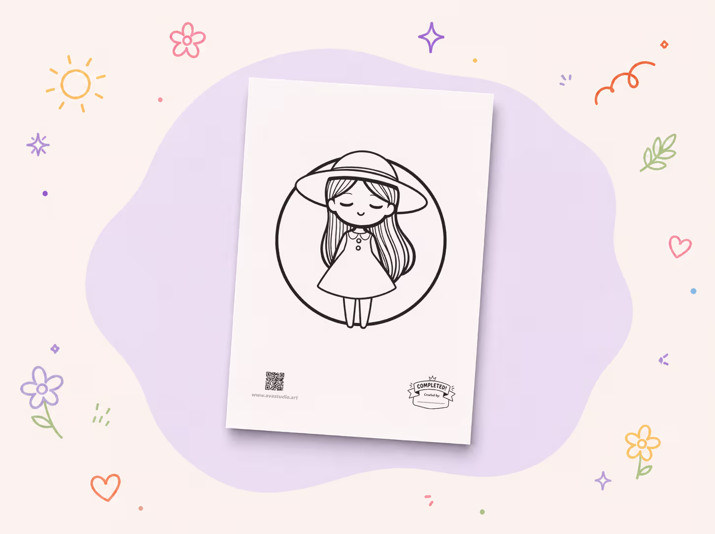 Printed chibi girl with wide-brim hat coloring page on decorative background