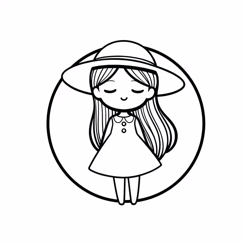 Chibi-style girl wearing a wide-brim hat inside a circular frame coloring page
