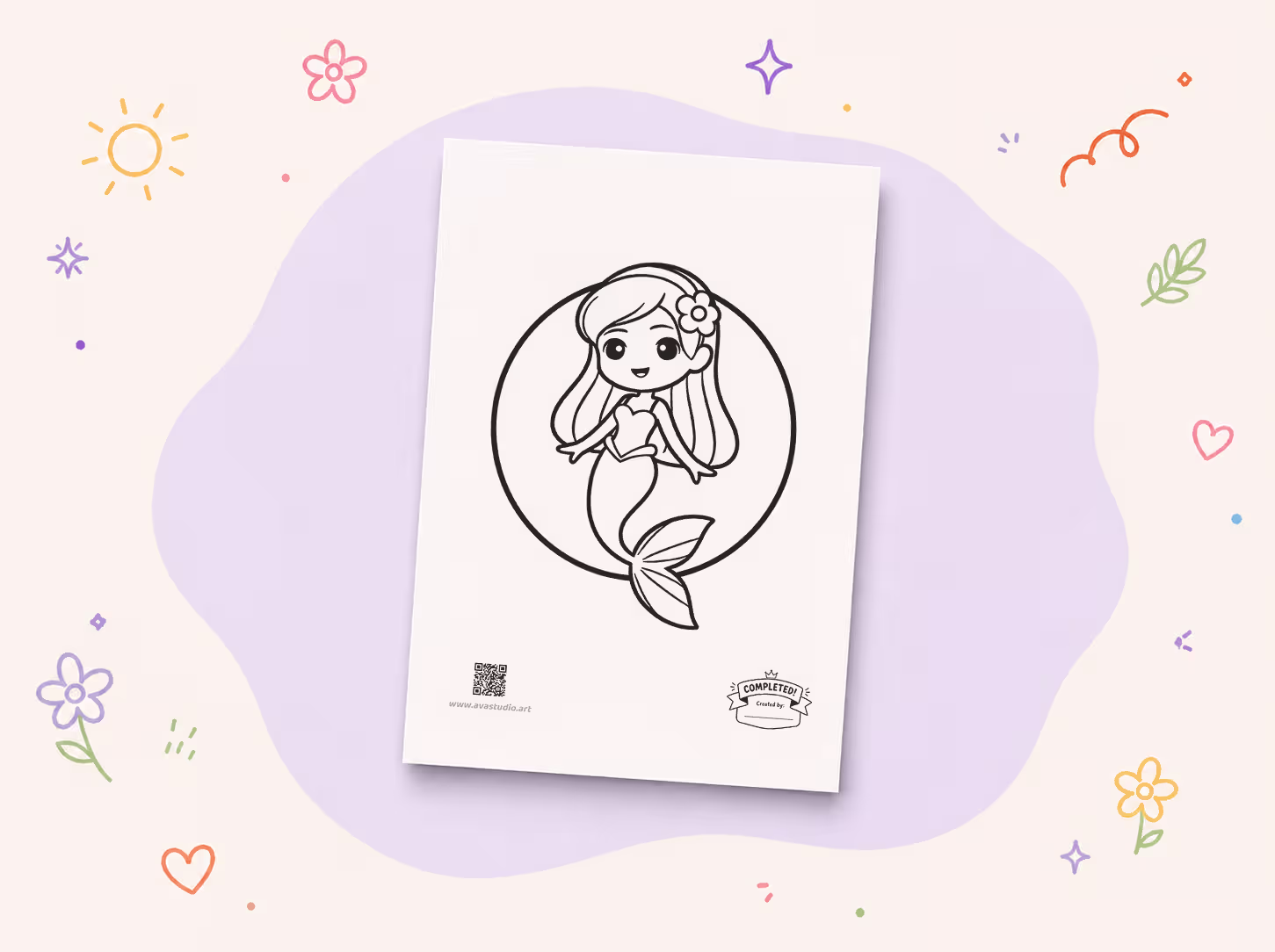 Printed chibi mermaid with flower coloring page on a decorative background