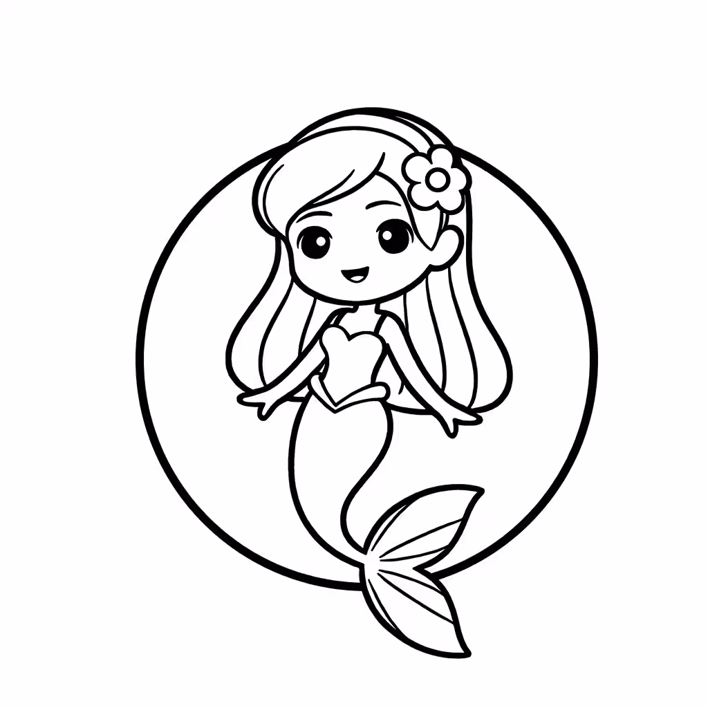 Chibi mermaid with long hair, flower, and heart-shaped seashell top coloring page