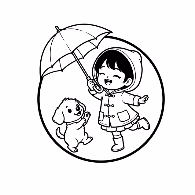 Child in hooded raincoat holding umbrella beside a playful puppy coloring page
