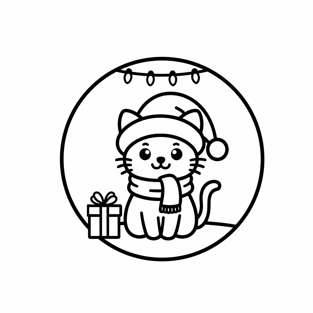 Cat wearing Santa hat and scarf beside a wrapped Christmas gift coloring page