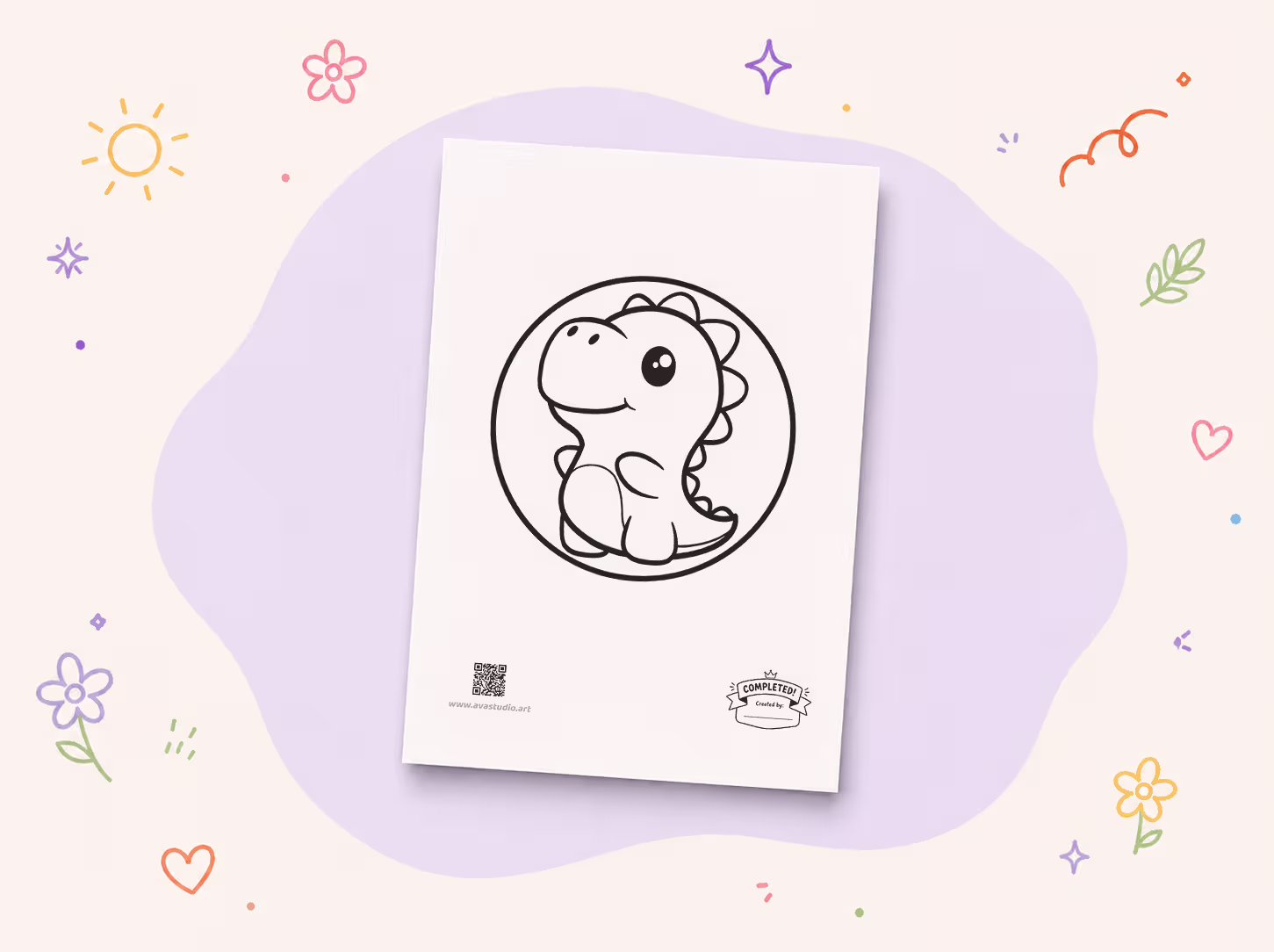 Printed chubby baby dinosaur coloring page displayed on a decorative background