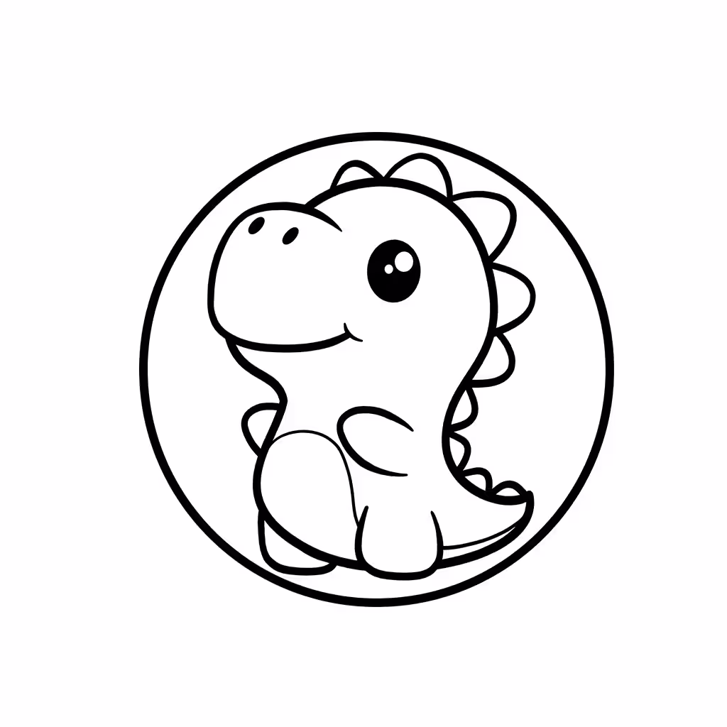 Chubby baby dinosaur standing and smiling inside a circular frame coloring page