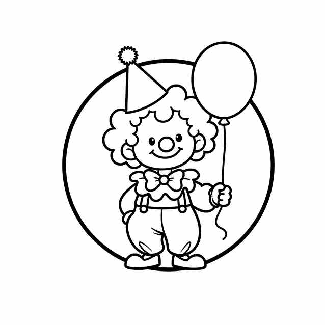 Clown wearing party hat and bow tie while holding a balloon coloring page