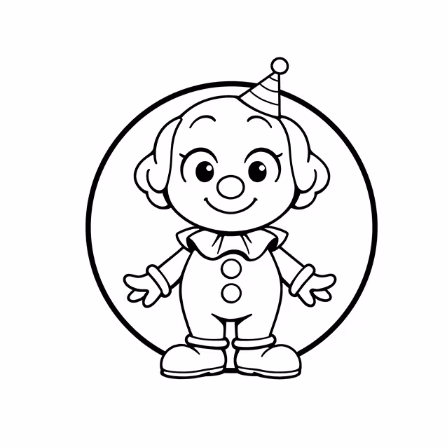 Friendly clown wearing party hat, ruffled collar, and oversized shoes coloring page