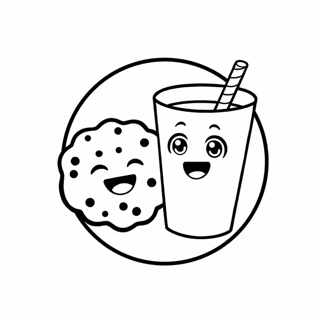 Smiling cookie beside a happy glass of milk with striped straw coloring page