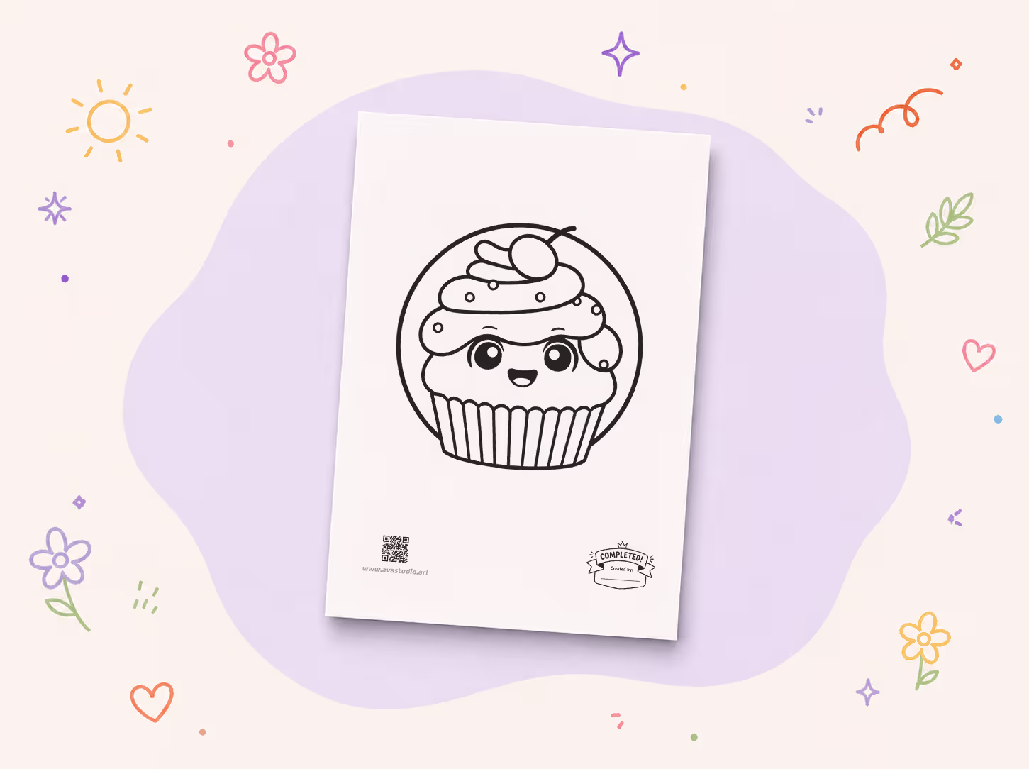 Printed cupcake with cherry coloring page on a decorative background