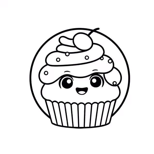 Smiling cupcake with swirled frosting, sprinkles, and cherry coloring page