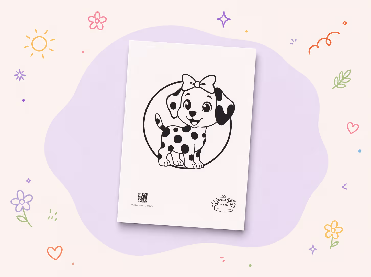 Printed Dalmatian puppy with bow coloring page on a decorative background