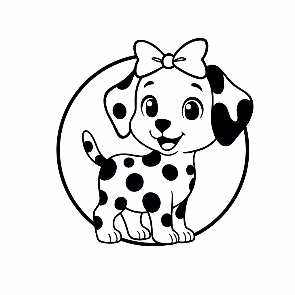 Dalmatian puppy with spots and a bow inside a circular frame coloring page