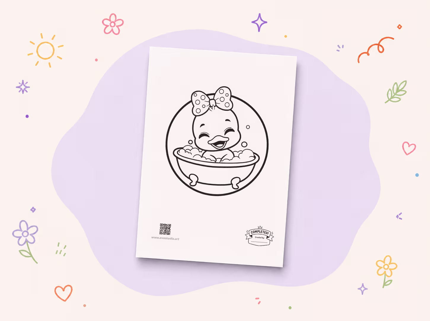 Printed duck in bubble bath coloring page on decorative background