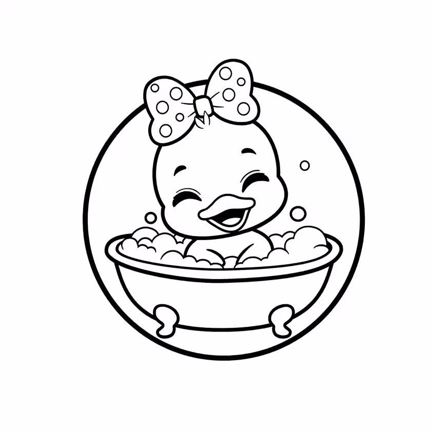 Baby duck with polka-dot bow sitting in a bubbly bathtub coloring page
