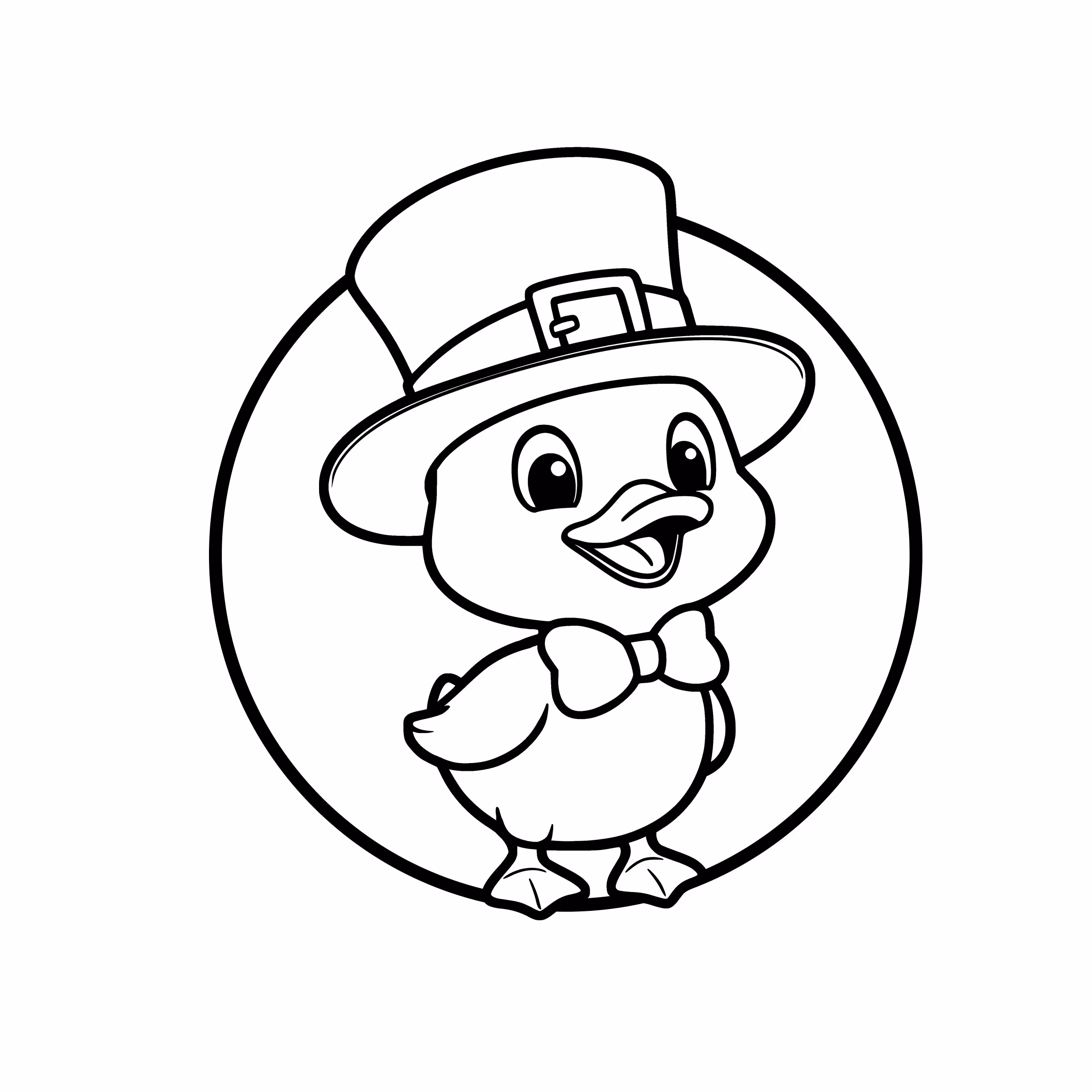 Cheerful duck wearing a hat and bow tie coloring page
