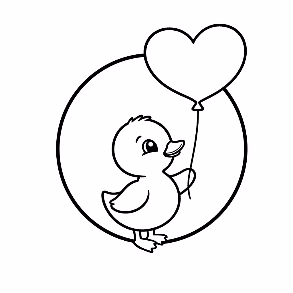 Cute duckling holding a heart-shaped balloon inside a circular frame coloring page