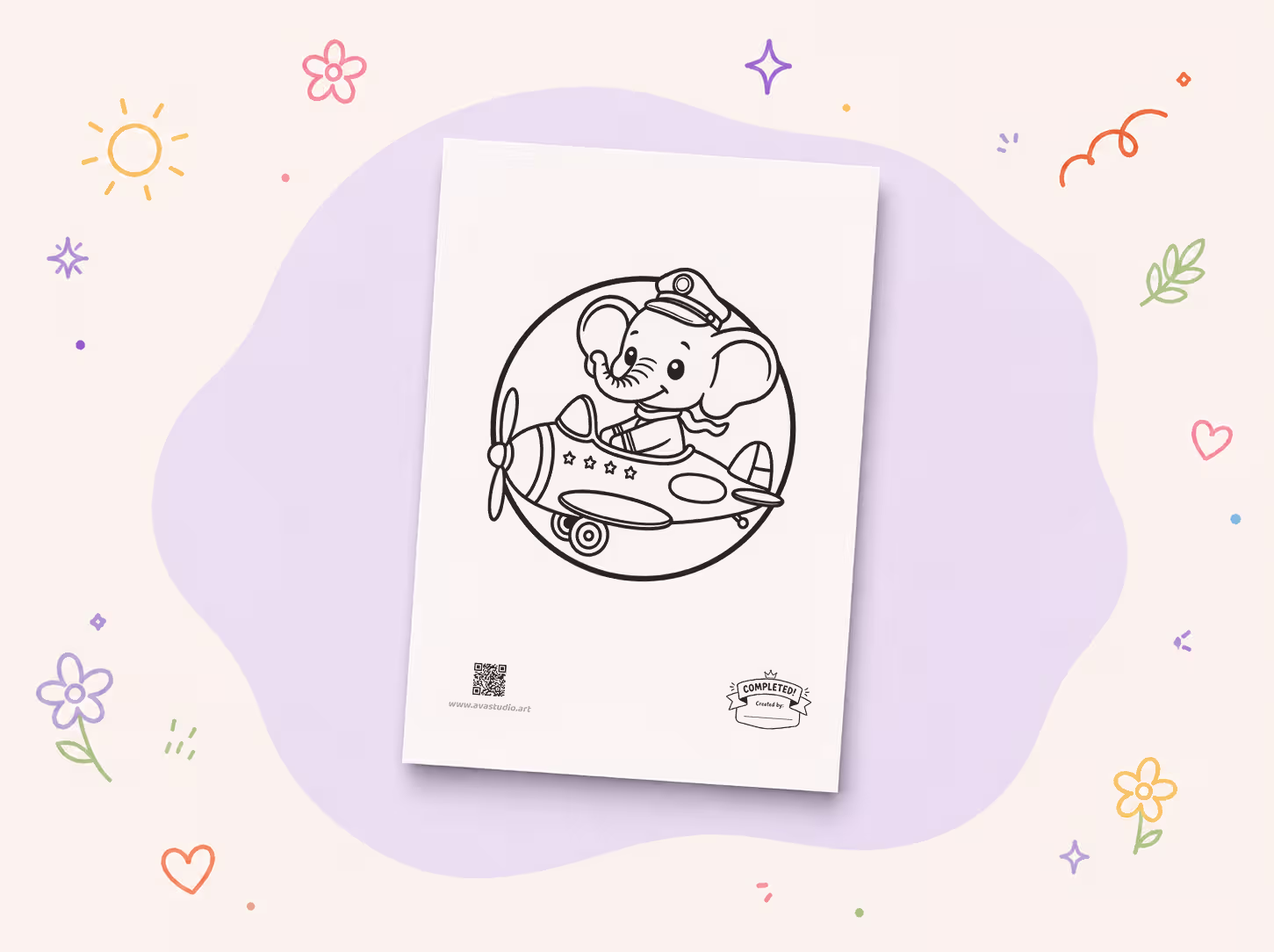 Printed elephant pilot airplane coloring page on a decorative background