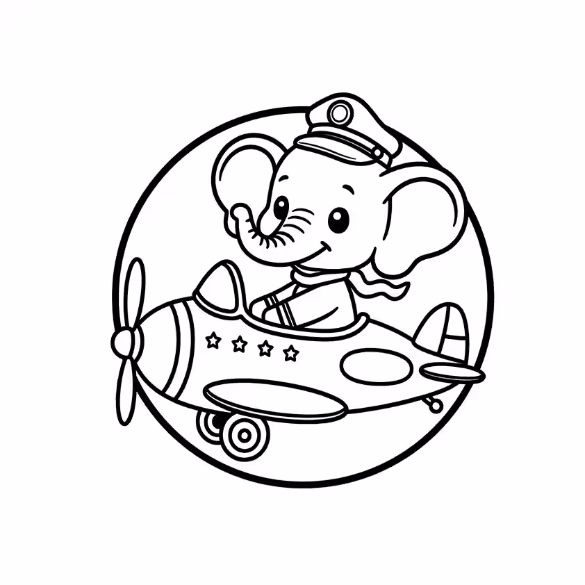 Baby elephant wearing a pilot hat while flying a propeller airplane coloring page
