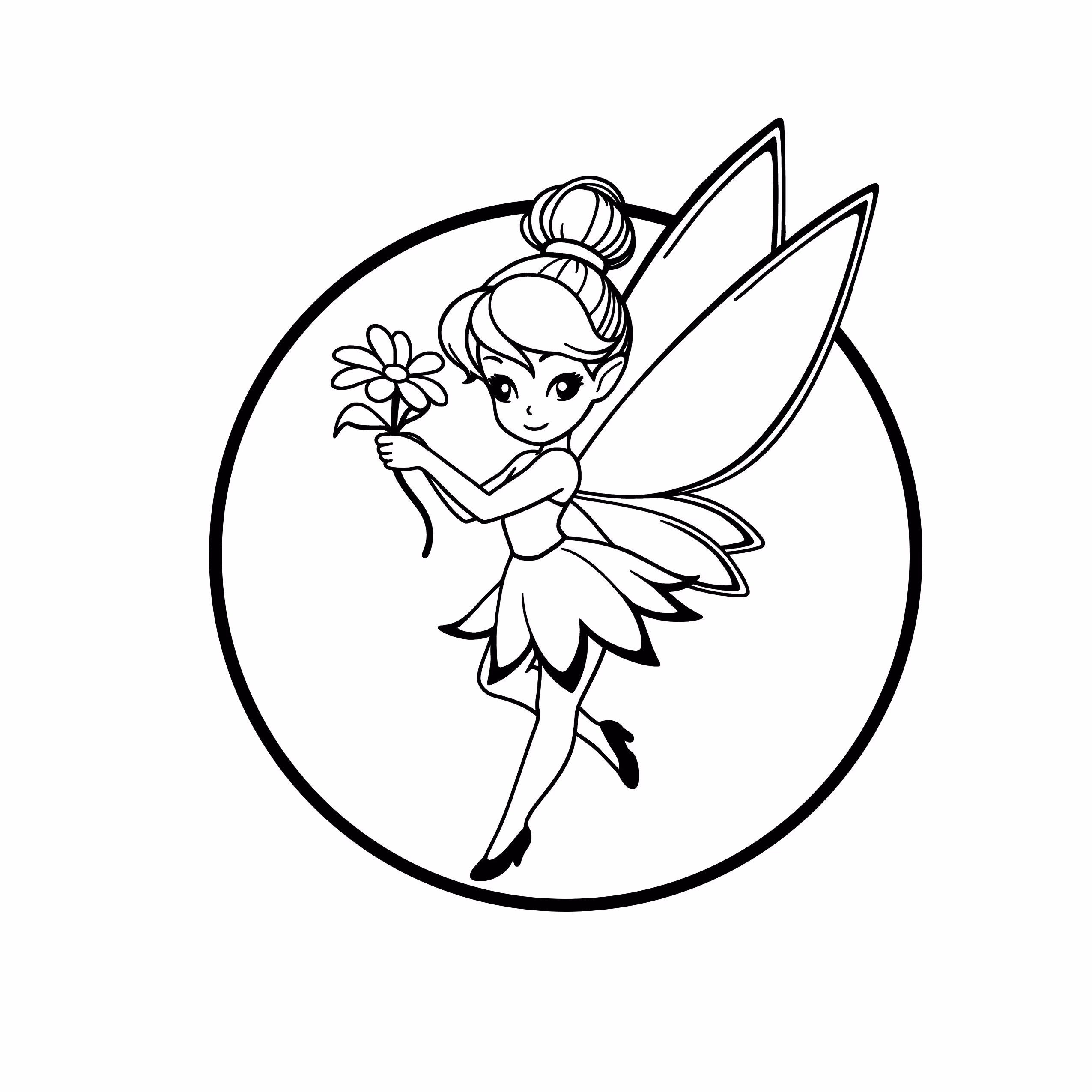 Fairy with large wings and petal dress holding a flower coloring page