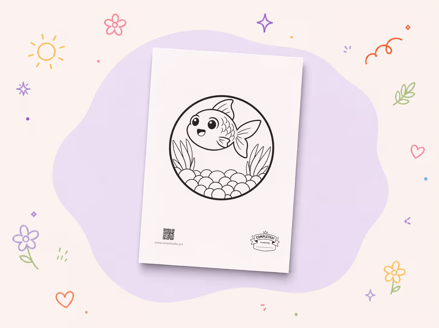 Printed underwater fish coloring page on a decorative background