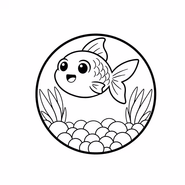 Cute fish swimming above pebbles and aquatic plants coloring page
