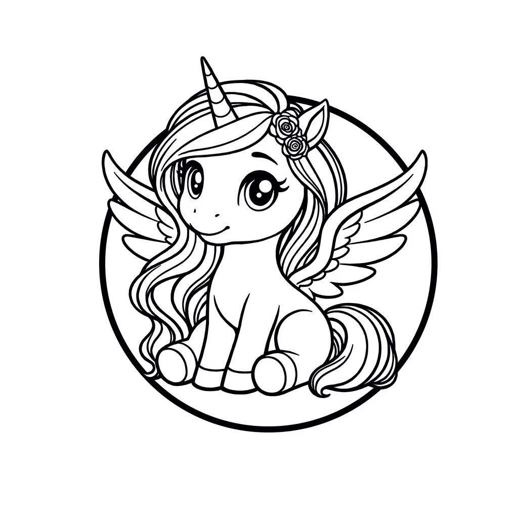 Flying winged unicorn with flowers decorating its mane coloring page