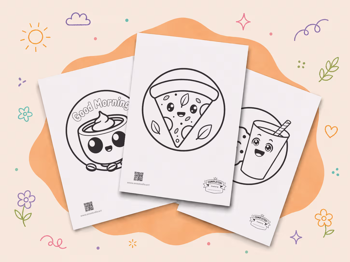 Three printable cute kawaii food coloring pages featuring a coffee cup, a slice of pizza, and a glass with a cookie, placed on a colorful background.