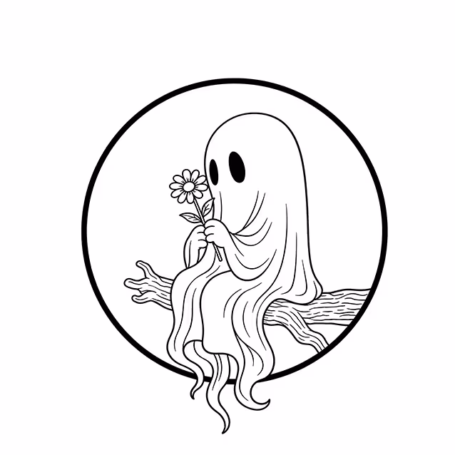 Ghost sitting on tree branch and holding a small flower coloring page