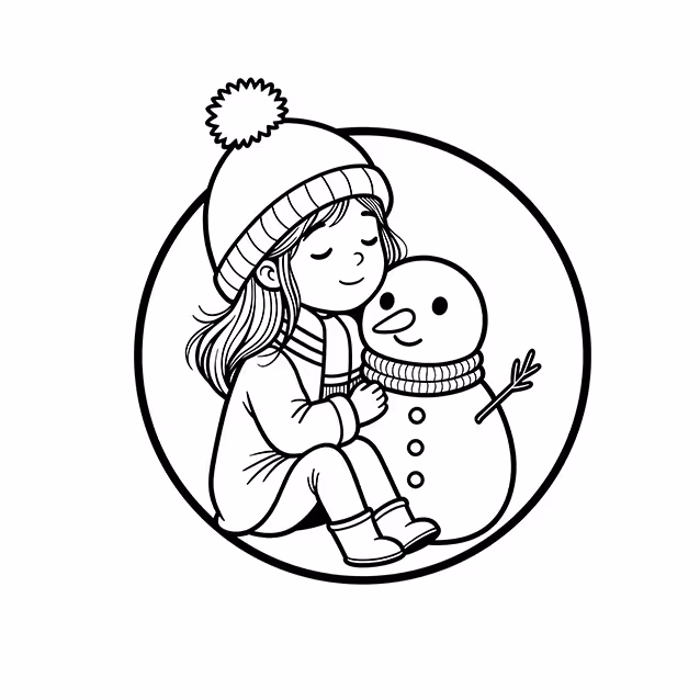 Girl in pom-pom hat sitting beside and hugging a smiling snowman coloring page
